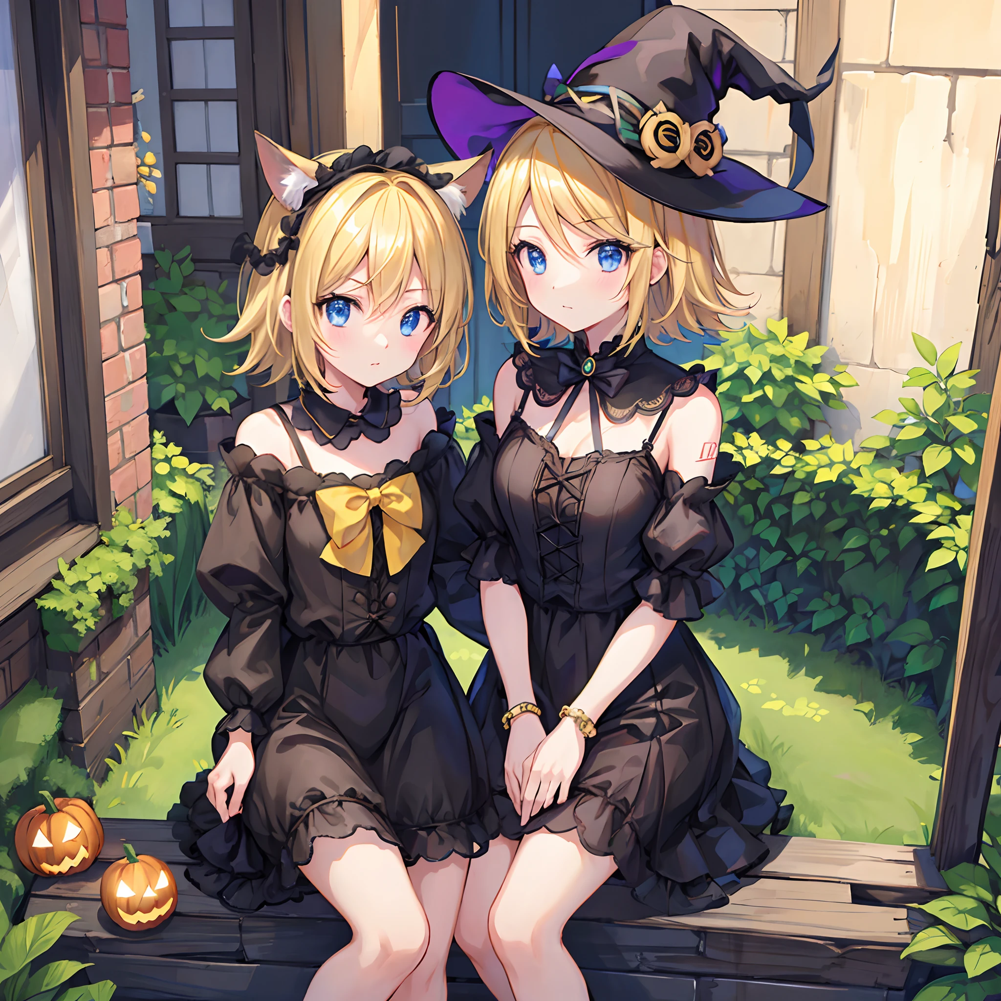 Two anime girls dressed in black sitting on a porch - SeaArt AI