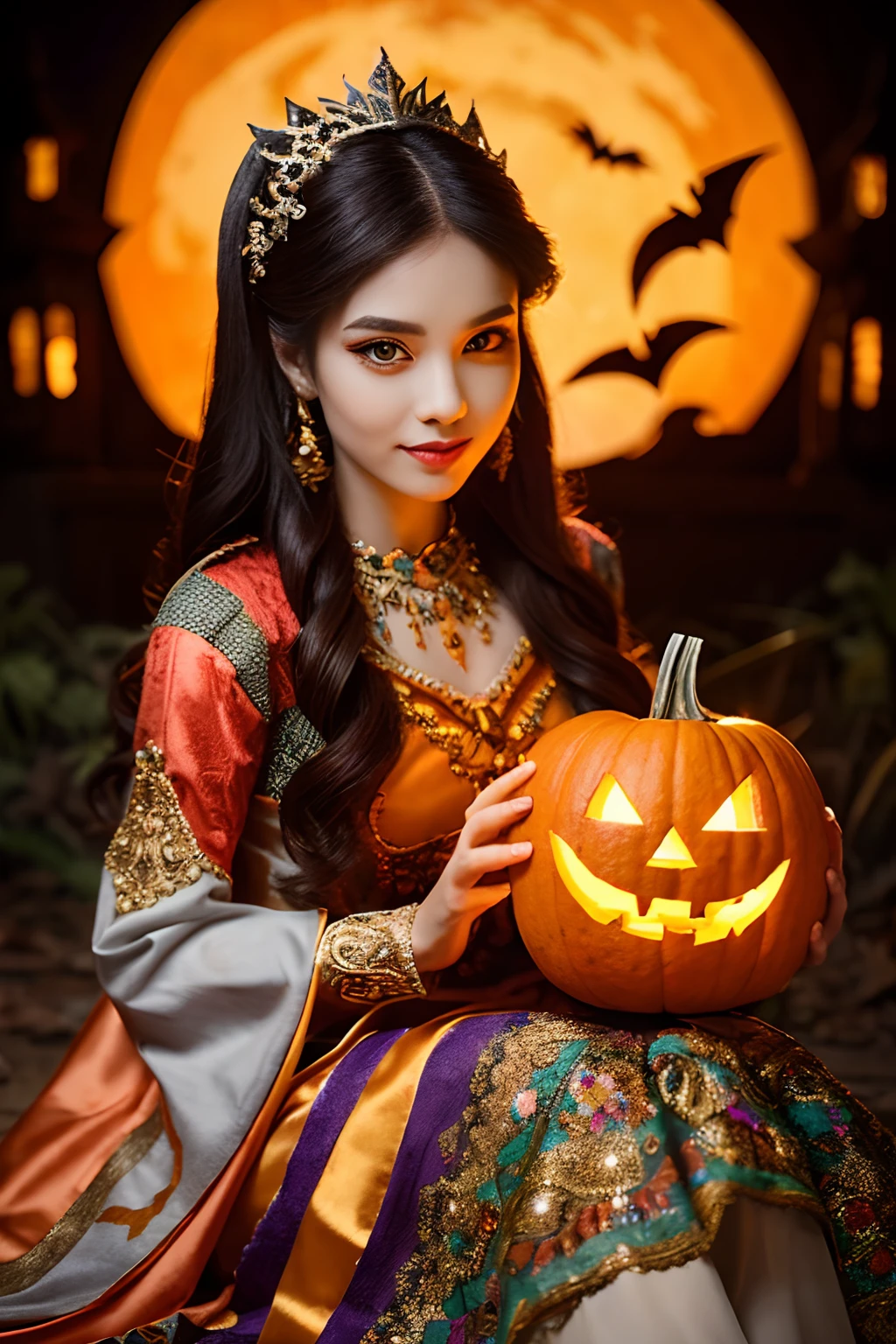 A stunning Halloween costume for a female character, featuring a meticulously crafted full-body ensemble. The costume showcases intricate details, vibrant colors, and an eye-catching design. The character is depicted sitting gracefully, holding a beautifully carved pumpkin lantern that emits a warm and inviting glow. The costume exudes a perfect blend of spooky and enchanting elements.