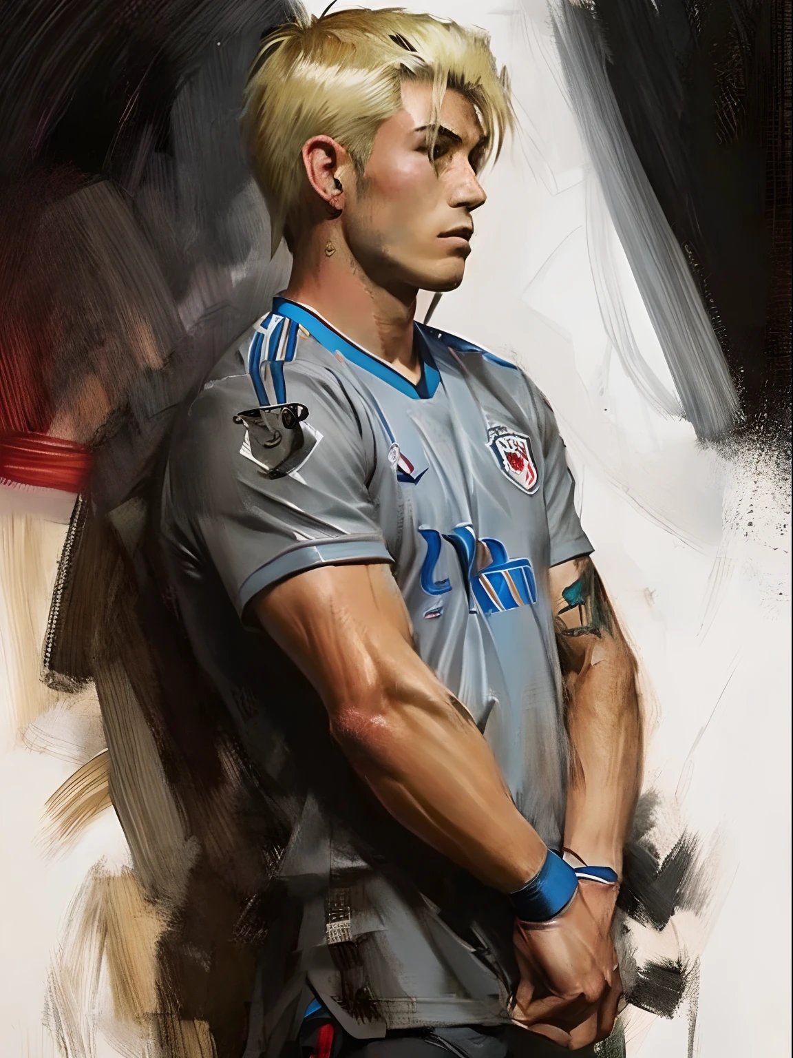 Homem Soccer Player face, style greg rutkowski realist, style anime, Japanese 17 years, platinum hair, with tattoos