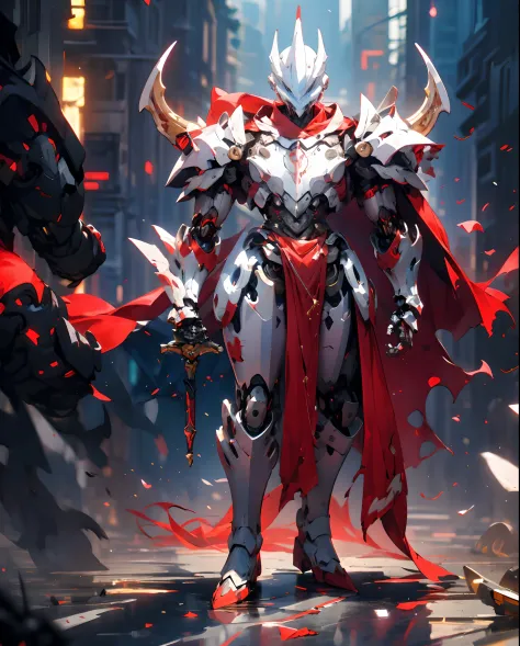 (masterpiece:1.2), best quality,PIXIV,
robot boy,weapon, sword, armor, holding weapon, holding, holding sword, solo, gauntlets, cape, red cape, full armor, helmet, torn cape, male focus, standing, glowing, shoulder armor, red theme, pauldrons, breastplate,...