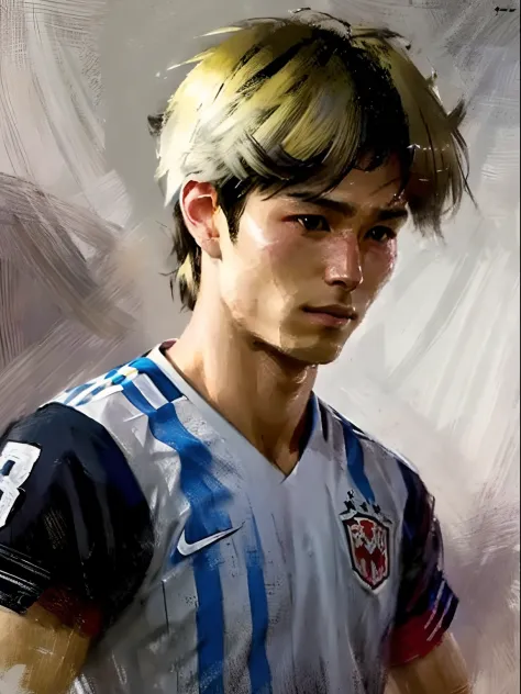 Homem Soccer Player face, style greg rutkowski realist, style anime, Japanese 17 years, cabelo com mechas platinadas