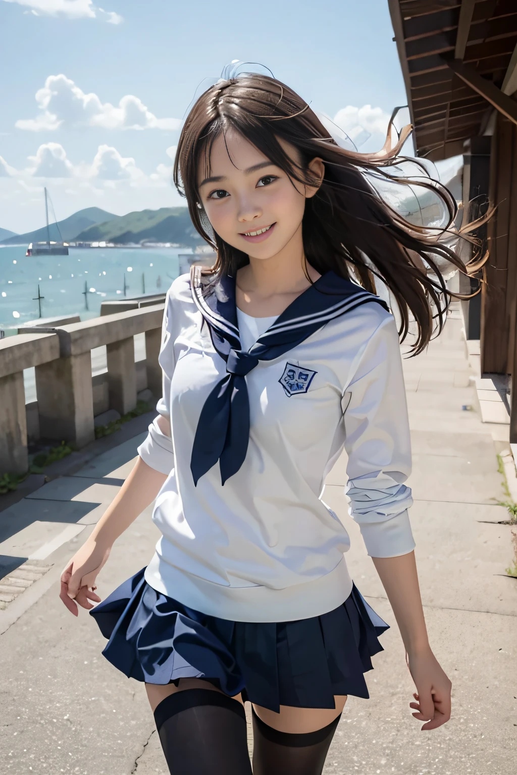 1girl in , 12 old, Happy smile, Blue eyes, masutepiece, Best Quality, Detailed, Lori, Girly running,
a junior high school student, Sailor , ,  out, On the way to school, (slender:1),
japanse, small brest, Vulgarity, The wind is blowing, Sky blue seaside