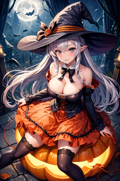 ((worst quality, low-quality)), ((Witch Girl)), Solo, ((Big breasts)), ((Long silver hair)), Hair over one eye, plump shiny lips, Beautiful clear eyes, Spoken Heart, ((witch's hat)), fishnet tights, embarrassed, Leaning forward, squash, Jack-o'-lantern, (S...