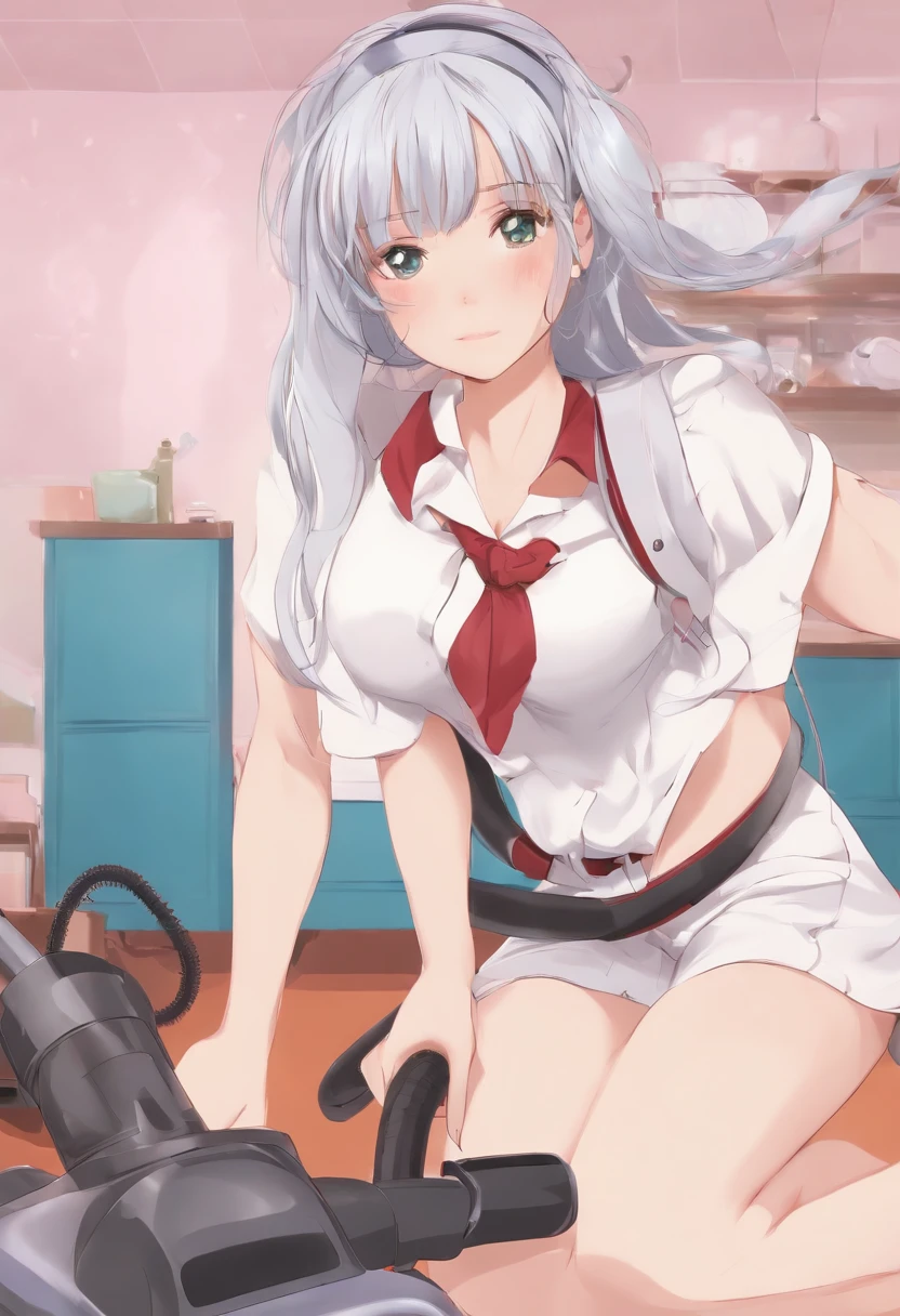 Anime girl in uniform kneeling on the floor with a vacuum - SeaArt AI