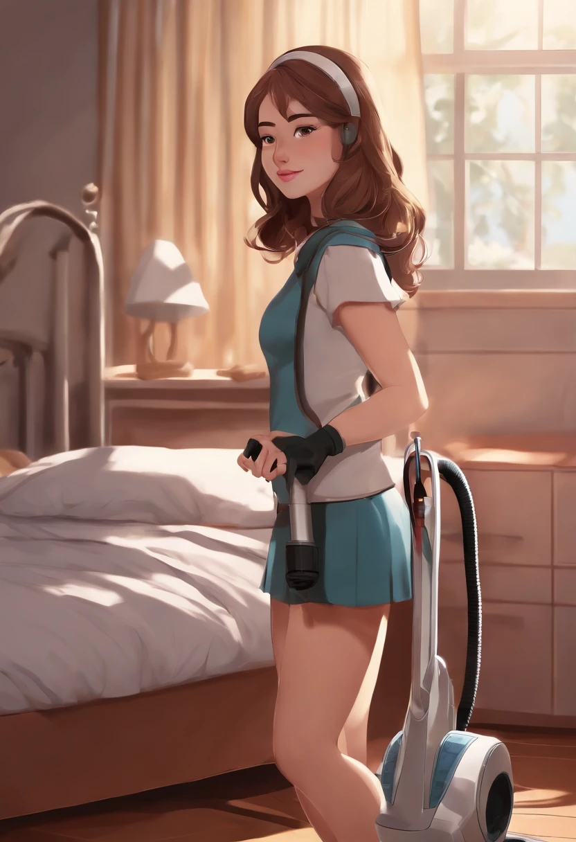 A woman in a blue dress is vacuuming a bed - SeaArt AI