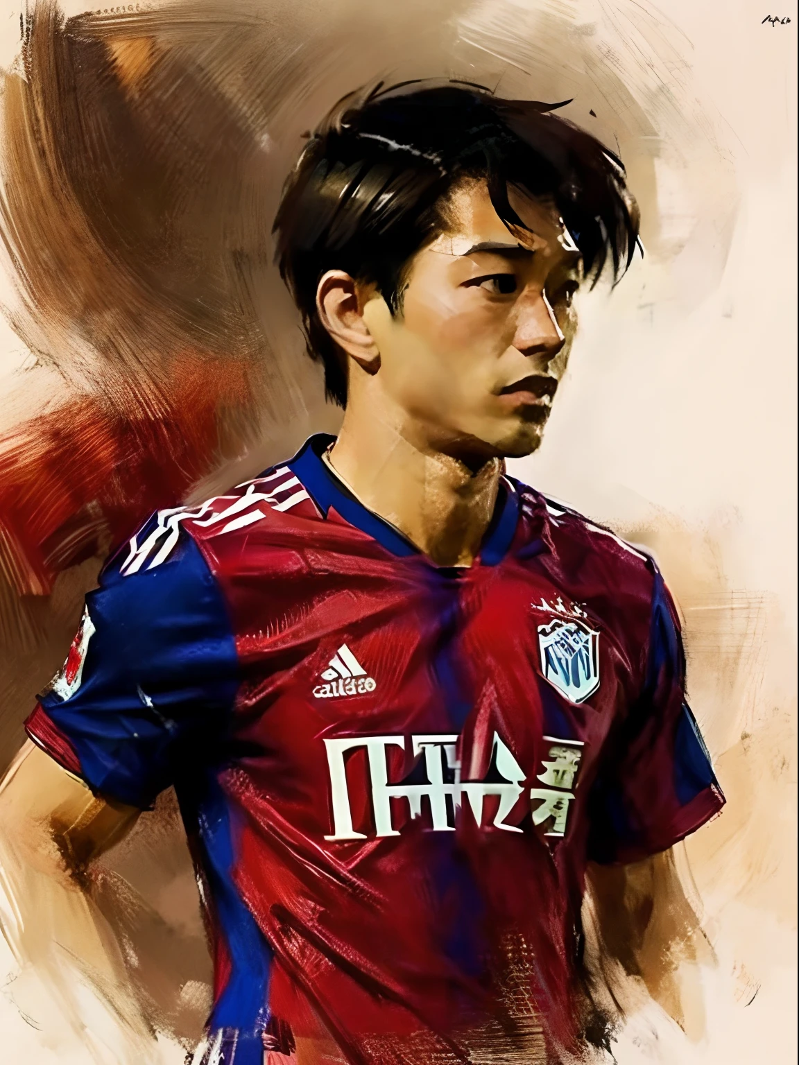 Visage de joueur de football d’homme, style greg rutkowski réaliste, style animé, Japonais 17 ans, chauve, cheveux rasés