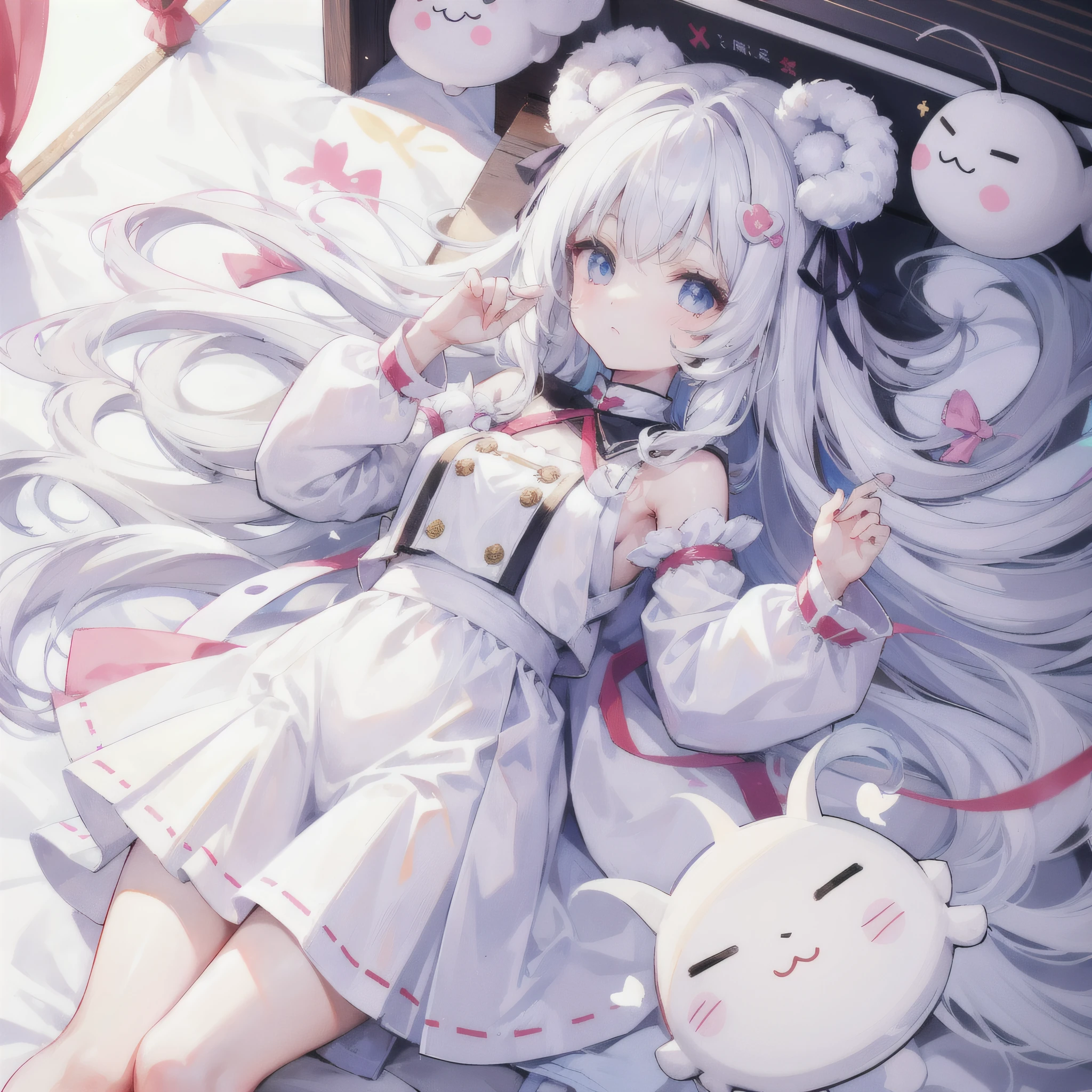 Anime girl laying on bed with stuffed animals and a cat - SeaArt AI