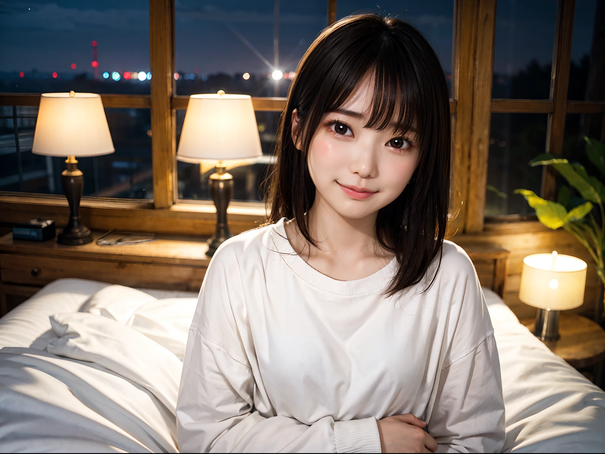 Fille japonaise en t-shirt à manches longues、Dormir dans un lit d&#39;hôtel la nuit、en regardant les téléspectateurs、(qualité supérieure、chef d&#39;oeuvre)))、haute résolution、très détaillé、chef d&#39;oeuvre、éclairage de cinéma、(8k、qualité supérieure、chef d&#39;oeuvre:1.2)、(réaliste、Photoréaliste:1.37) Haute résolution、L&#39;ultra-détaillé、1 fille dans 、humain asiatique, mignon petit, visage mignon, solo, cheveux courts 1.2, peau texturée, Beau ciel nocturne détaillé, paysage de nuit, éclairage de cinéma, profondeur de champs, Lumière parasite、assis sur、Datation、(rougir le nez)、(Visage qui pleure:1.15)、Mes yeux sont humides、les yeux rouges、Le visage rougit、(Bouche fermée)petite poitrine、de beaux yeux finement détaillés、la nuit、(cheveux courts:1.2)、cheveux flottants style grenouille nova、je pleure、Visage qui pleure