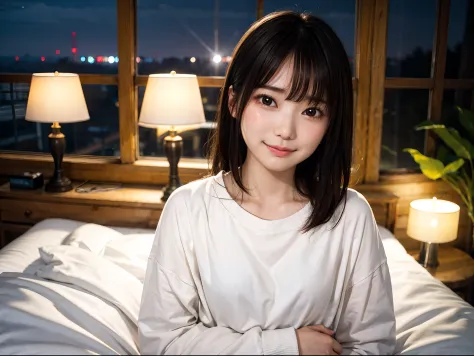Japan girl in long sleeve t-shirt、Sleeping in a hotel bed at night、looking at the viewers、(top-quality、​masterpiece)))、hight res...