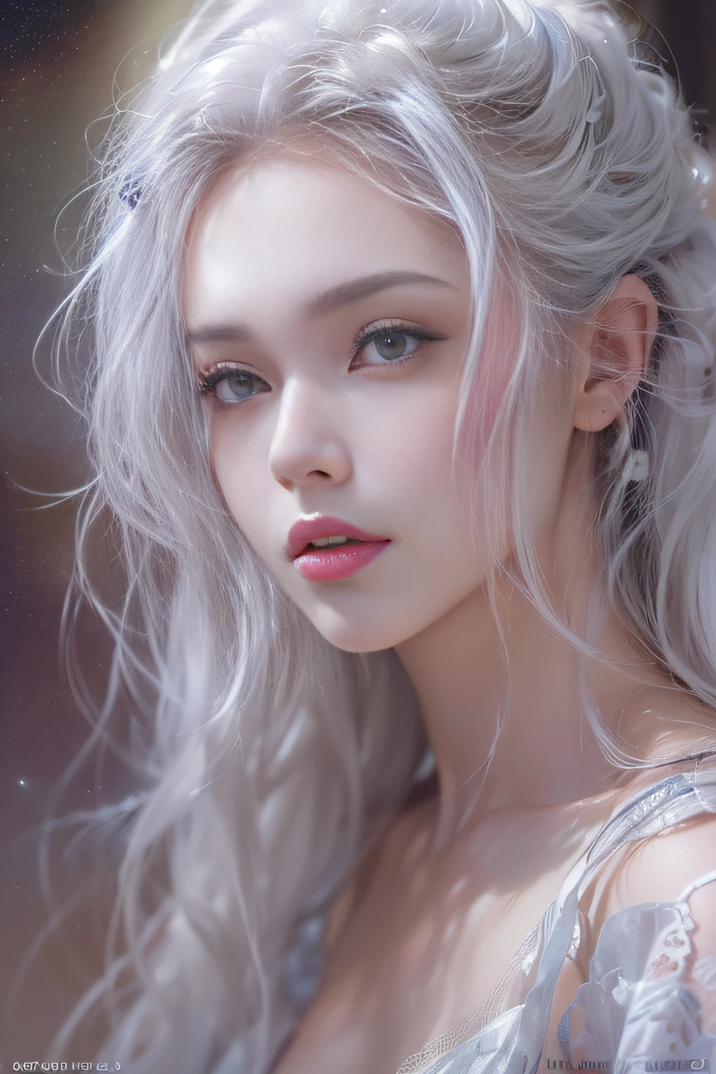 ((tmasterpiece:1.4)、(top-quality:1.4)、(reallistic:1.7))、By Luis Royo（By Luis Royo）Surreal portrait of a beautiful girl、Super beautiful girl、((1girl in:1.4))、Shiny natural skin texture、Authors：By Luis Royo（By Luis Royo）、age19、(Two arms:1.4、Two legs:1.4)、(perfect anatomia:1.4)、(Perfect female body:1.4)、Portrait photo of a girl、Close-up photos、Full body shooting、((masutepiece:1.4), (of the highest quality:1.4), (Realistic:1.7), By Luis Royo, Beautiful Girl, Super beautiful girl, ((1girl in:1. 4), Shiny natural skin texture, Authors: By Luis Royo, 19 years old, (Perfect female body: 1.4), (Perfect female body: 1.) 4), Portrait photo of a girl, Close-up photos, （Full body photo）, Fantasy Art, Soft front light, Beautiful expression, Kawaii face, Beautiful breasts, Large Full Breasted: 1. 2, Beautiful buttocks, Fine eyes, Clear and eye-catching, beautiful and alluring, Beautiful eyes, thin waist, Raw photo, Red lips, ((White hair, Long hair)) , 1 Screen View, ), (sexyposture), (the milky way in the sky),((T-back panties))、((White garters and garter belts))、(A smile)、((Vaginal orchids)）、((erection)）