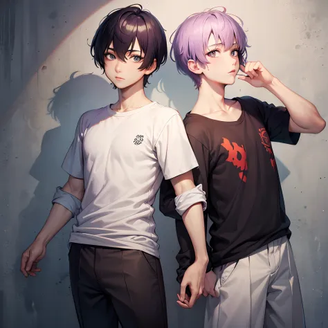 1 Purple Short-Haired Men，grey pupils，Look down，Ultra Clear HD Half Body，Rich in detail，masutepiece。Asia Youth、The shirt
