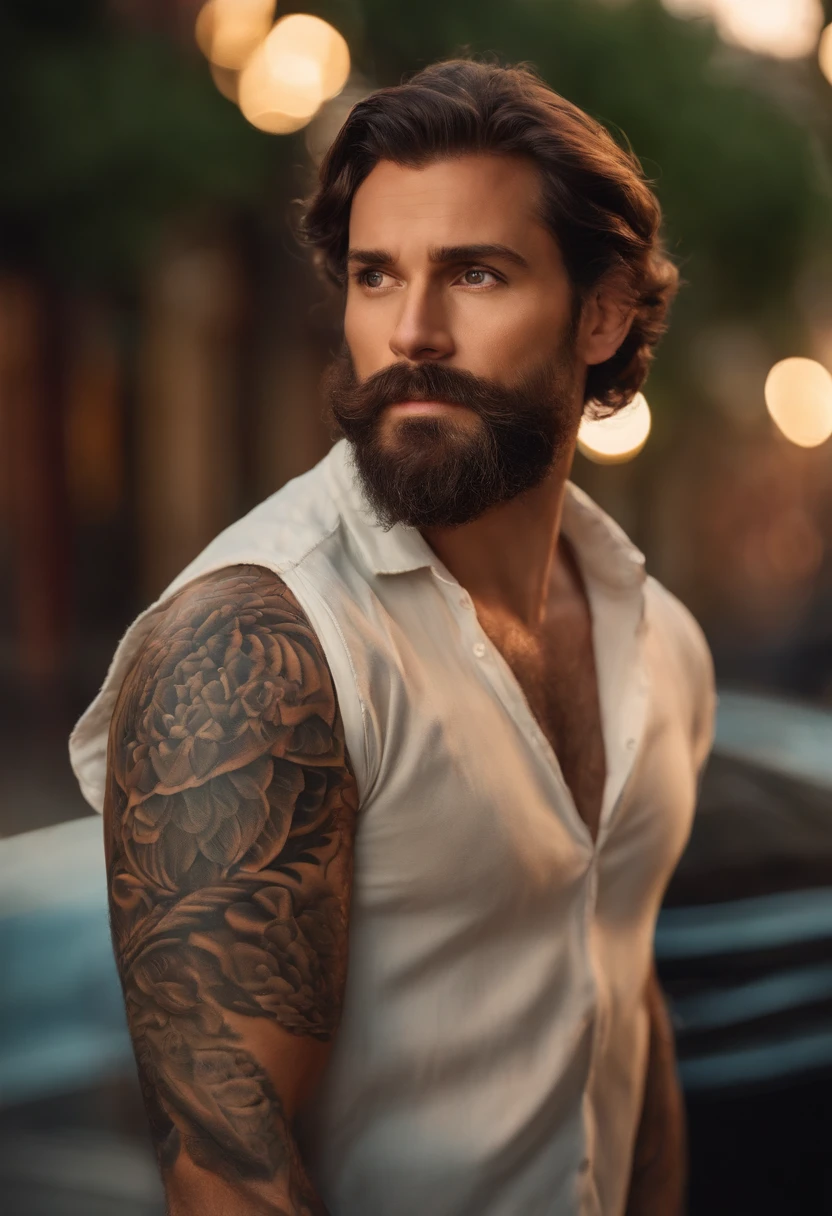 A man with a beard and a white shirt standing in front of a car - SeaArt AI