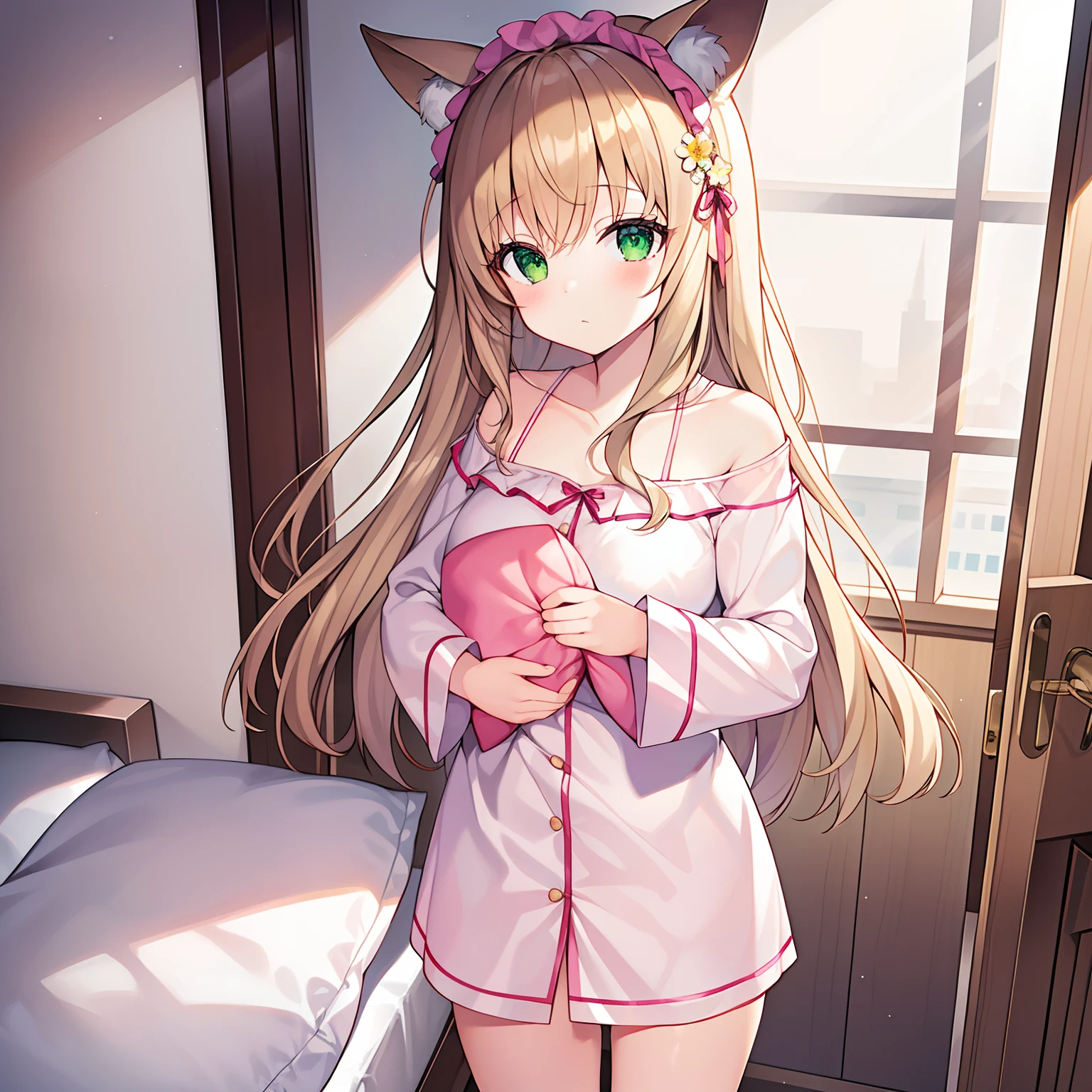 Masterpiece, Best quality, high resolution, 1girll, Solo, Oversized fox tail，(Long brown hair)，Green eyes，Small flower headdress, (9 years old_Cute loli)，Modern architecture，natta，(The girl stood at the bedroom door)，((The girl was holding a large pillow on her chest_The girl wants to sleep with me))，Wear pink long-sleeved children's pajamas，An expectant expression，The moonlight shone on the girl from the side，seen from the front,