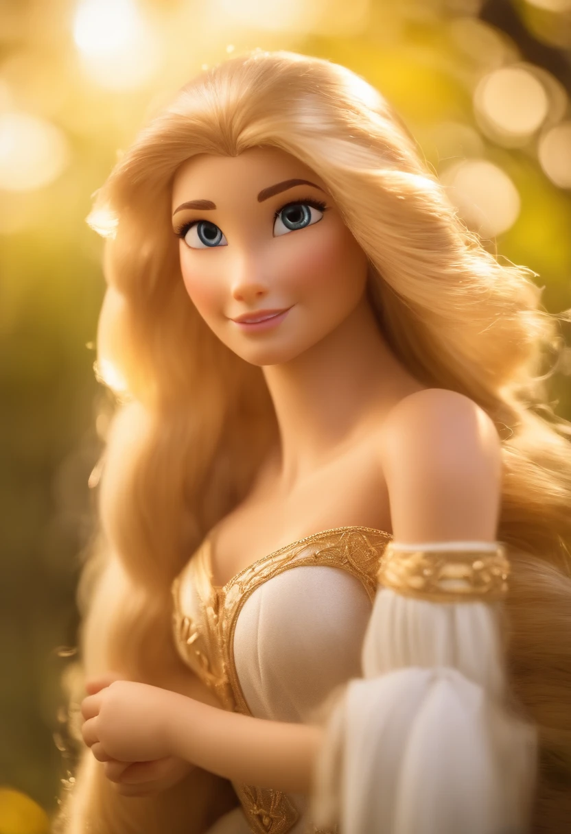 A close up of a doll with long blonde hair and a dress - SeaArt AI