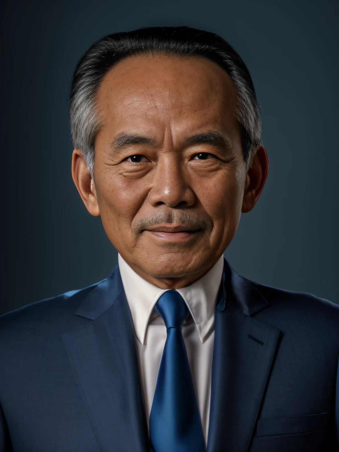 (Professional) (photorealistic:1.37) (highres) photograph, 1985 (Kodak) capture, depicting an elderly Vietnamese gentleman in his 50s. The man possesses a distinctive appearance with a high forehead and meticulously styled, swept-back hair. He is dressed in an elegant suit, exuding an air of sophistication and refined style. The background is a deep shade of dark blue, creating a contrasting backdrop that accentuates the subject's presence.