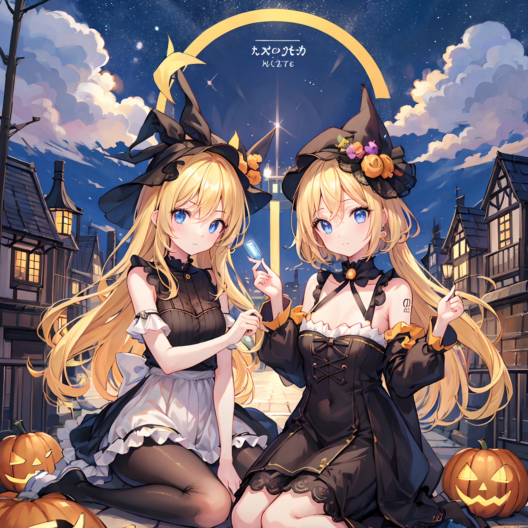 Two anime girls dressed in costumes sitting on a street - SeaArt AI