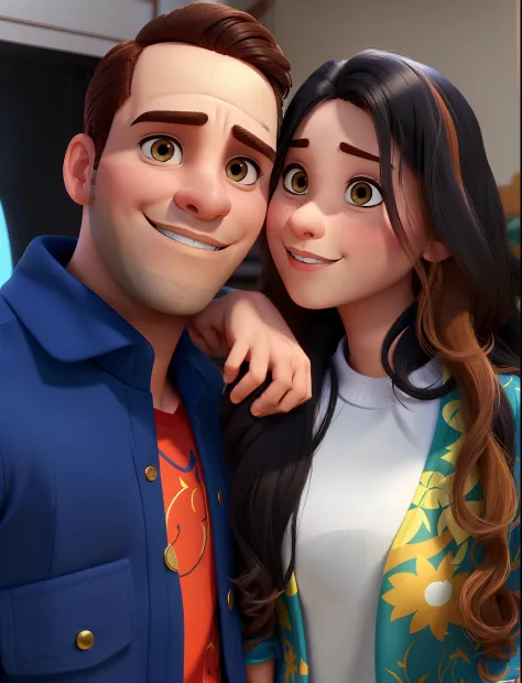 Casal (homem moreno e mulher branca) no estilo Disney Pixar, alta qualidade, melhor qualidade.