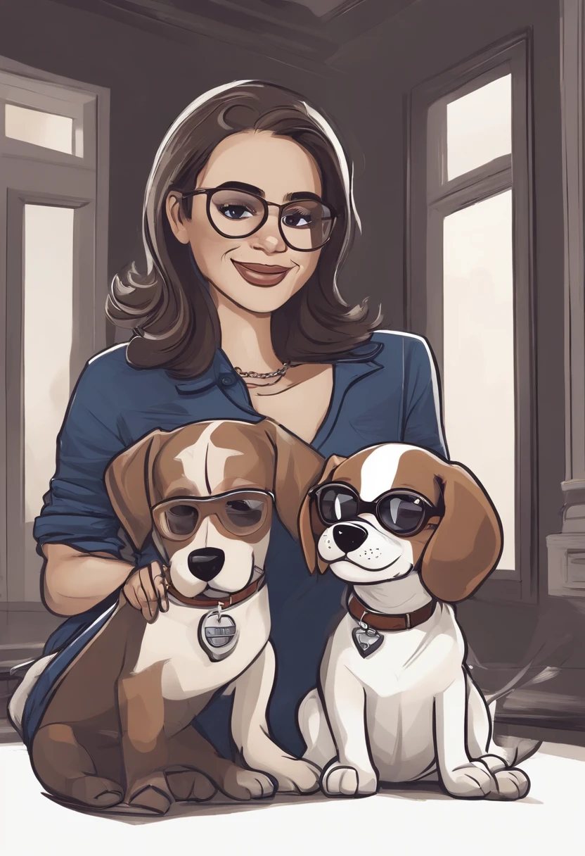 A woman in glasses and a blue shirt holding two dogs - SeaArt AI