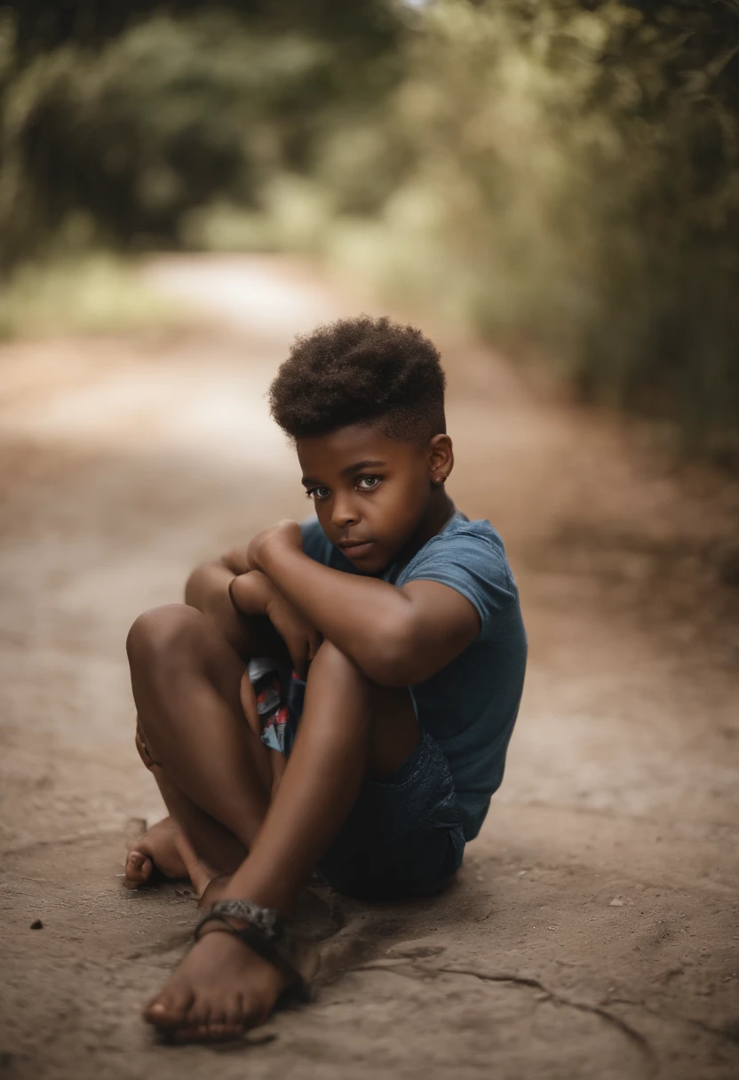 A close up of a young boy sitting on a dirt road - SeaArt AI