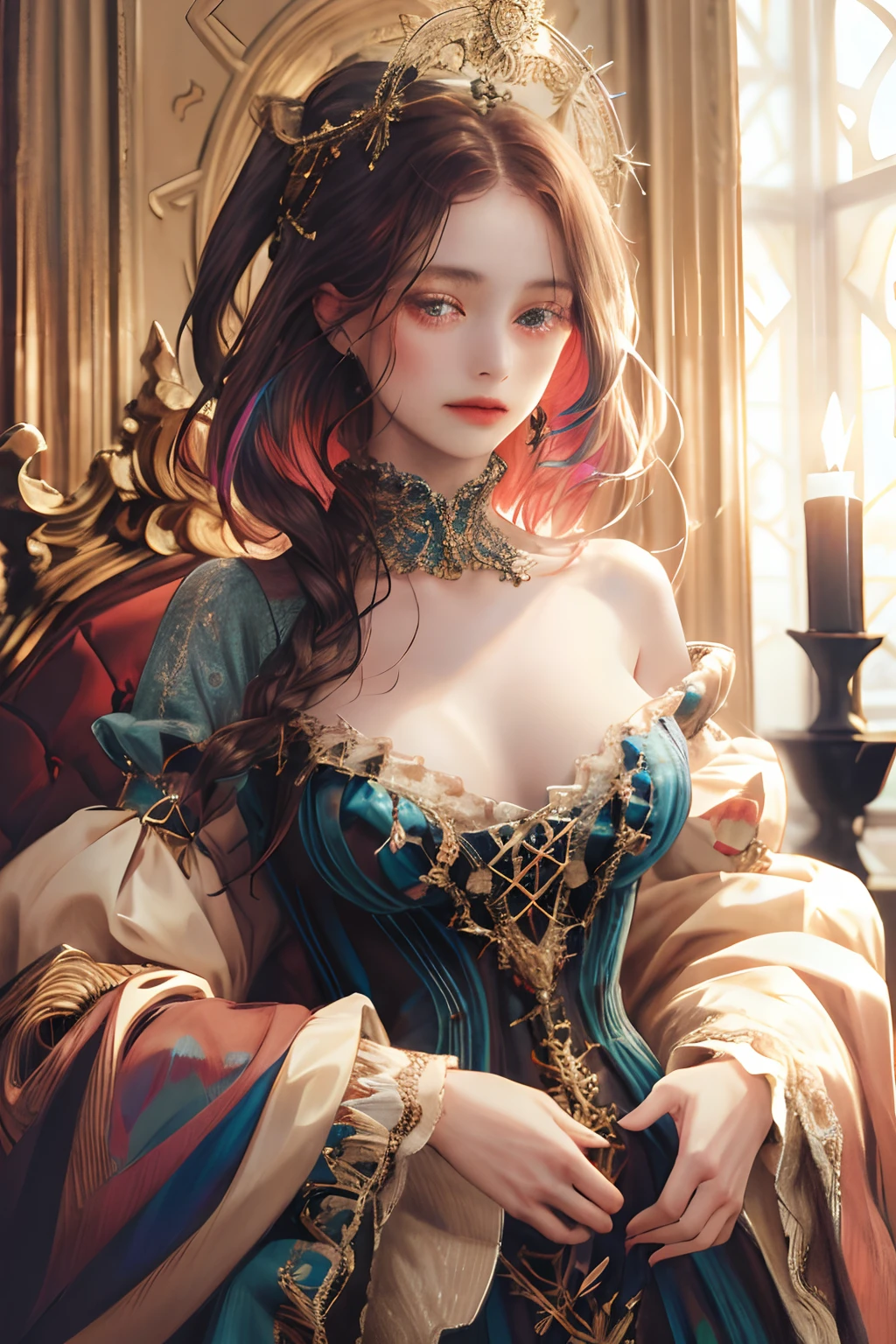 (absurdres, highres, ultra detailed), 1girl, solo, mature, Baroque, long dress, long sleeve, elegant, colorful, highest detailed, upper body