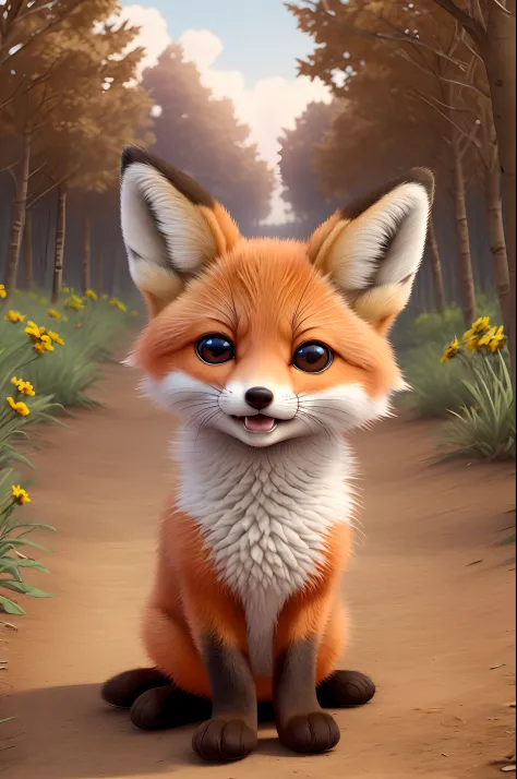 happy, furry and cute baby fox with big eyes looking straight at you Real 3D rendering, Pixar style, 32k, full body photo, light orange background --auto --s2