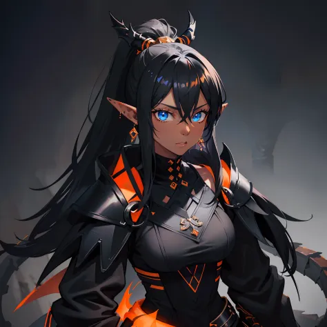 1girl , (((Dark Skin)))), Black Hair with Ponytail, (((Blue Eyes))), ((Black Metallic Gauntlets and Greaves with Orange and Silver Highlights)), (((The Clothes Have a Mix of Modern and Tribal))), (((The Clothes Have a Mix of Modern and Tribal))),  having m...