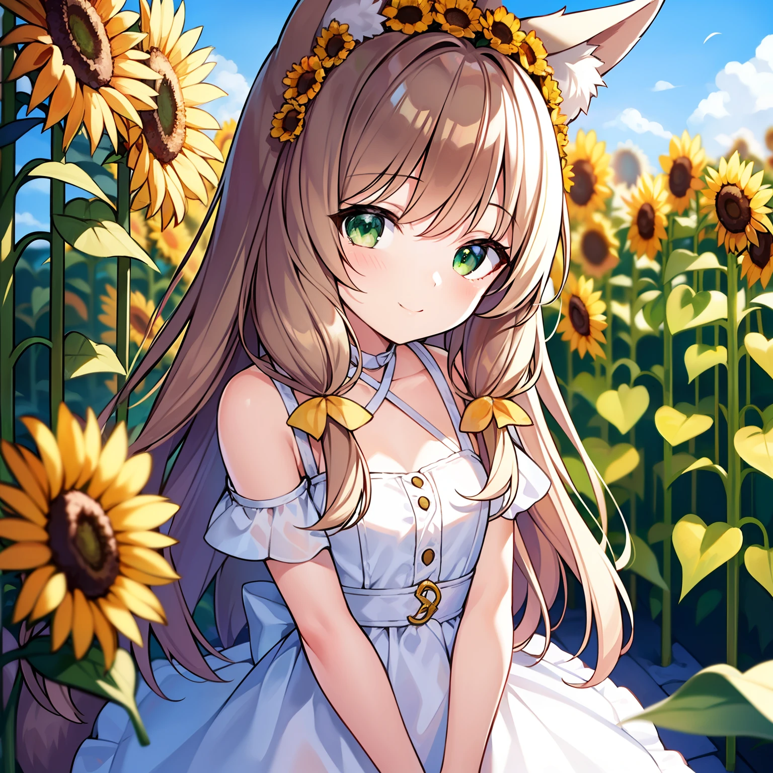 Masterpiece, Best quality, high resolution, 1girll, Solo, Oversized fox tail，(Long brown hair)，Green eyes，Small flower headdress, (9 years old_Cute loli)，Modern architecture，In the country_In the fields of sunflowers，The girl holds a small sunflower flower in both hands，Wearing a white dress，seen from the front，Close-up of upper body，ssmile，