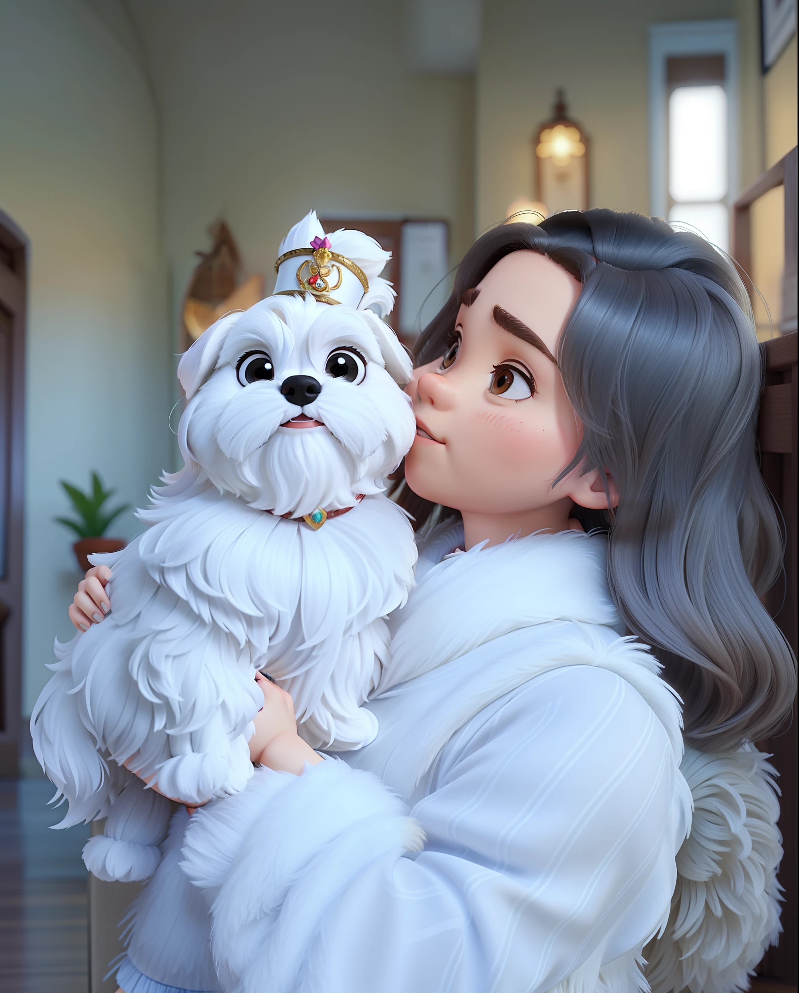 Une jeune femme de 25 ans en blouse blanche, tenant votre Shih Tzu, Shih Tzu, Petit chien blanc sur les genoux, À la manière de Disney-Pixar, haute qualité, meilleure qualité
