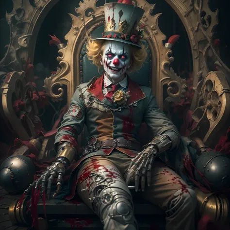 Crazy Cyborg Clown Emperor,sitting on a golden throne,Wearing a clown ...