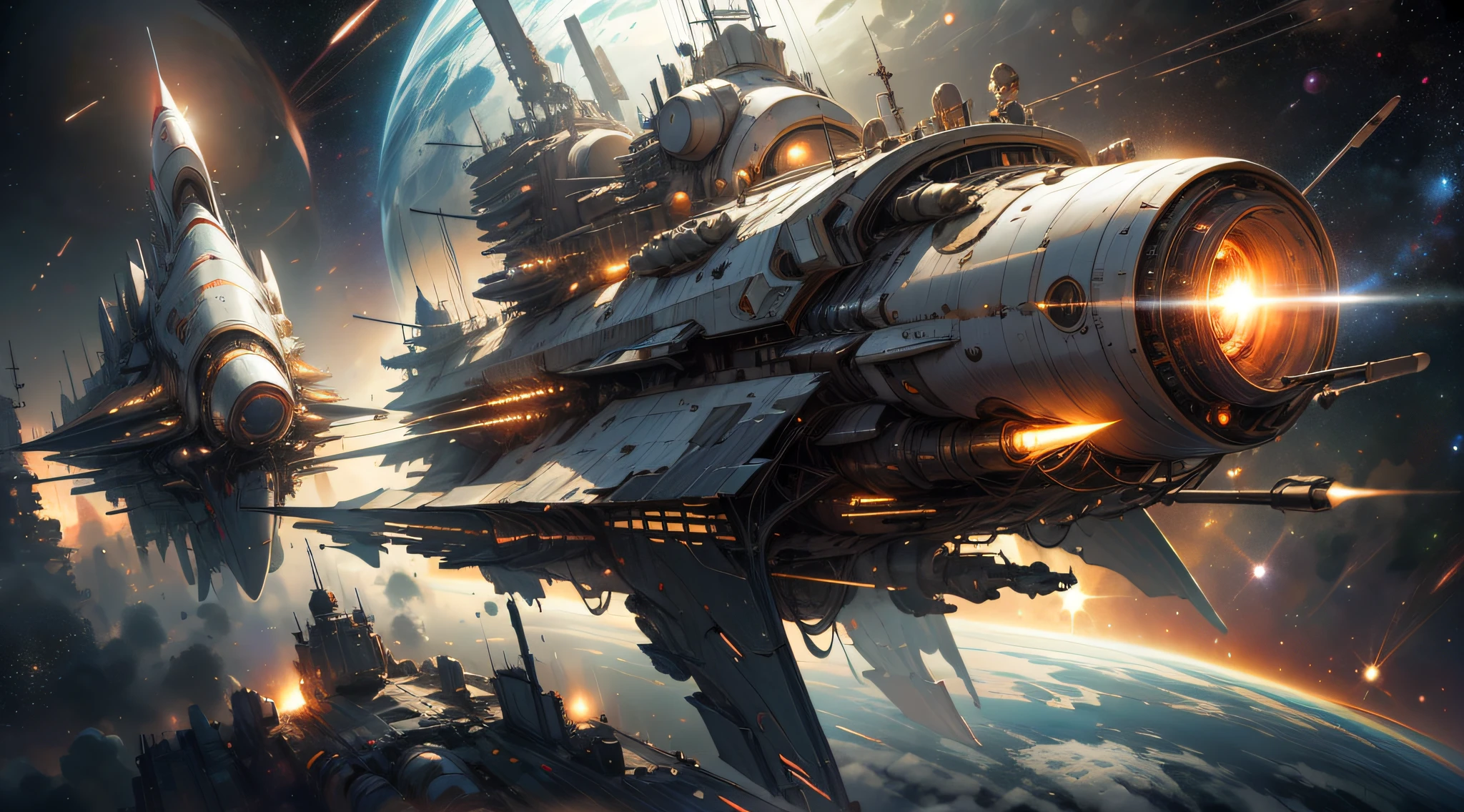 Uma nave espacial gigante hipersônica futurista voando no espaço profundo, navio de guerra que lembra um acordo de um futuro muito distante, um campo de estrelas e planetas, fundo de espaço profundo de fantasia, papel de parede, imprimível