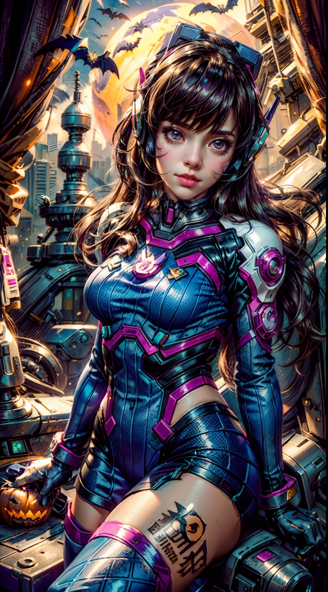 A girl ,from knee shot,cosplaying Dva from the game Overwatch, with a Halloween background. The portrait is of the highest quality (best quality, masterpiece:1.1) and has a realistic appearance (realistic:1.4). The focus is on the detailed depiction of the girl's face, specifically her beautiful eyes, detailed lips, and long eyelashes. The girl is dressed in a cosplay costume of the character Dva from Overwatch, and the scene is set against a Halloween-themed background. The colors of the portrait are vibrant and vivid. The lighting is well-balanced, highlighting the girl's features and creating a visually appealing atmosphere.