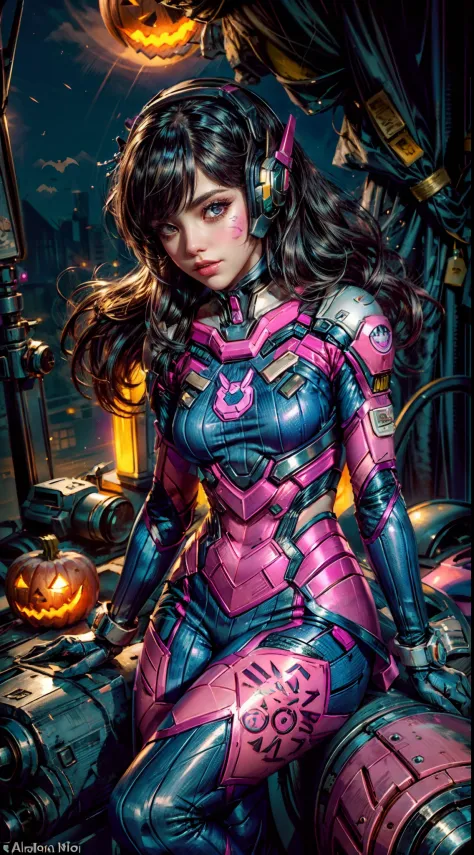 a girl ,from knee shot,cosplaying dva from the game overwatch, with a halloween background. the portrait is of the highest quali...