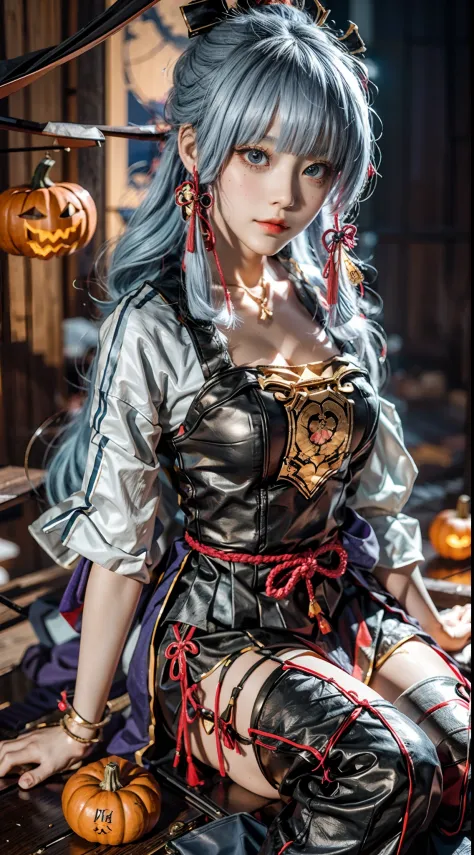 a girl,cosplaying ayaka from the game genshin impact, with a halloween background, sitting,full body, pumpkin lantern, highest q...