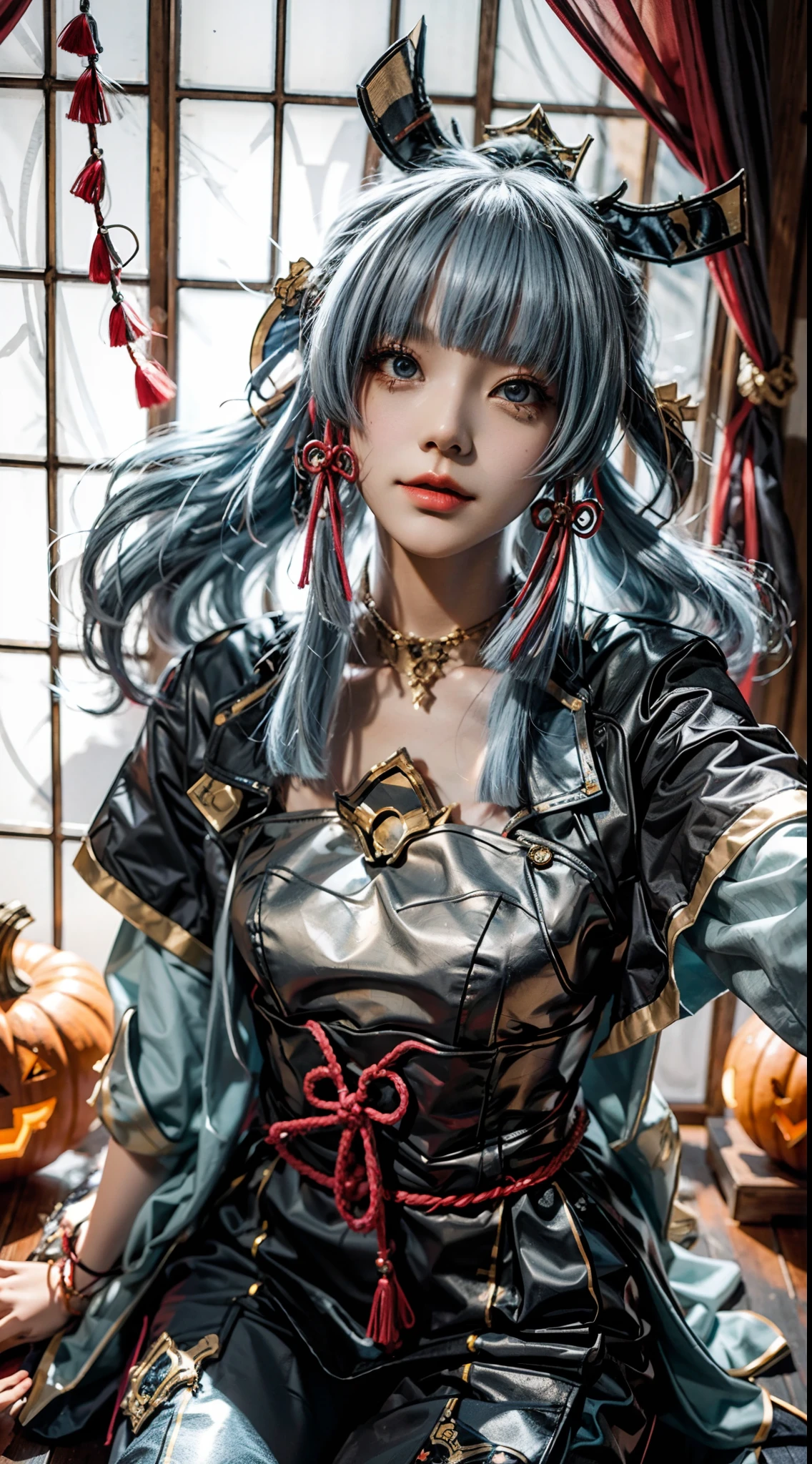 A girl,cosplaying Ayaka from the game Genshin impact, with a Halloween background, sitting,full body, pumpkin lantern, highest quality (best quality, masterpiece:1.1) and has a realistic appearance (realistic:1.4),pale white-blue hair,The focus is on the detailed depiction of the girl's face, specifically her beautiful eyes, detailed lips, and long eyelashes. The girl is dressed in a cosplay costume of the character Ayaka from Genshin impact, and the scene is set against a Halloween-themed background. The colors of the portrait are vibrant and vivid. The lighting is well-balanced, highlighting the girl's features and creating a visually appealing atmosphere.