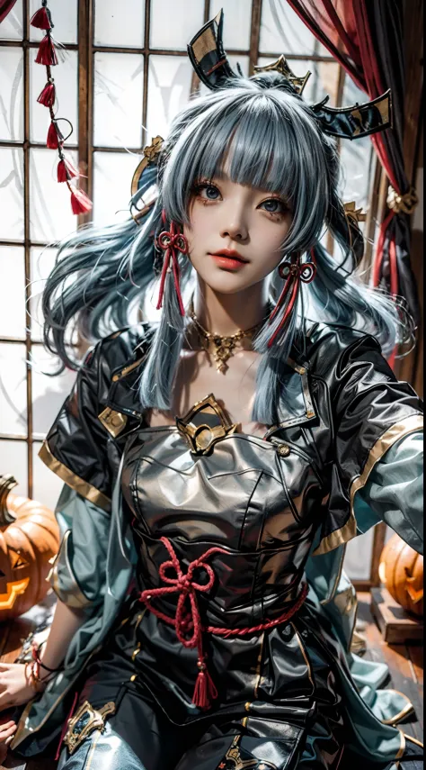 a girl,cosplaying ayaka from the game genshin impact, with a halloween background, sitting,full body, pumpkin lantern, highest q...