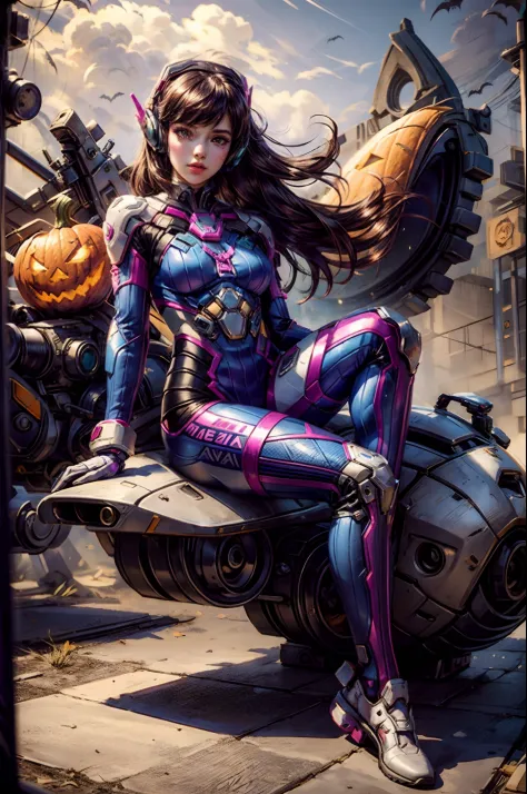 close shot full body,a girl ,from knee shot,cosplaying dva from the game overwatch, with a halloween background, sitting,full bo...