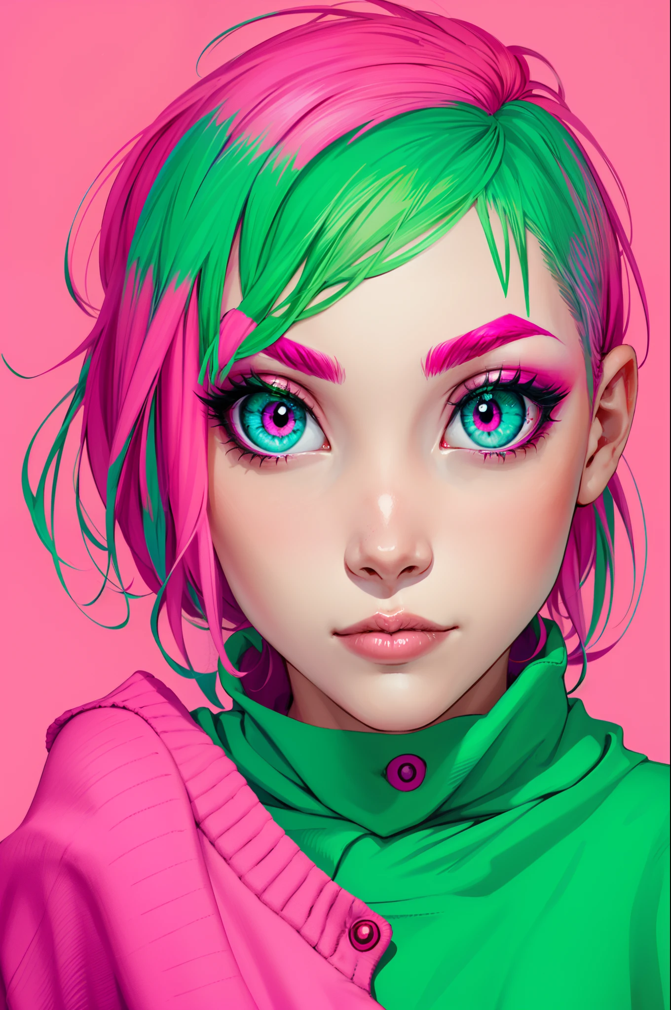 فتاة ذات عيون غريبة باللونين الوردي والأخضر