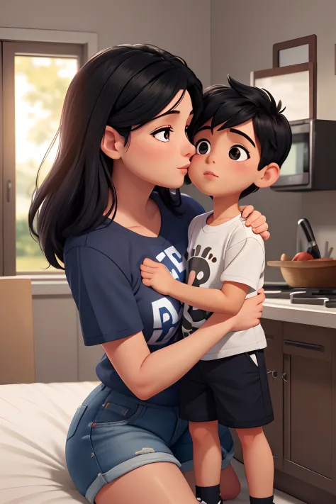 "Mom kissing her little boy on the lips", black hair, Mother is seen wearing skirt, Little boy is seen wearing shorts, master part, Realistic, high resolution, alta qualidade, extremely high quality, best quality, Ultra Detalhado, extremamente detalhado,