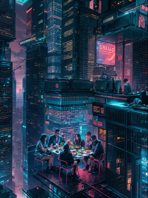 Skyscraper rooftop lunch dining cyberpunk night view neon lights big city top quality masterpiece ultra high definition