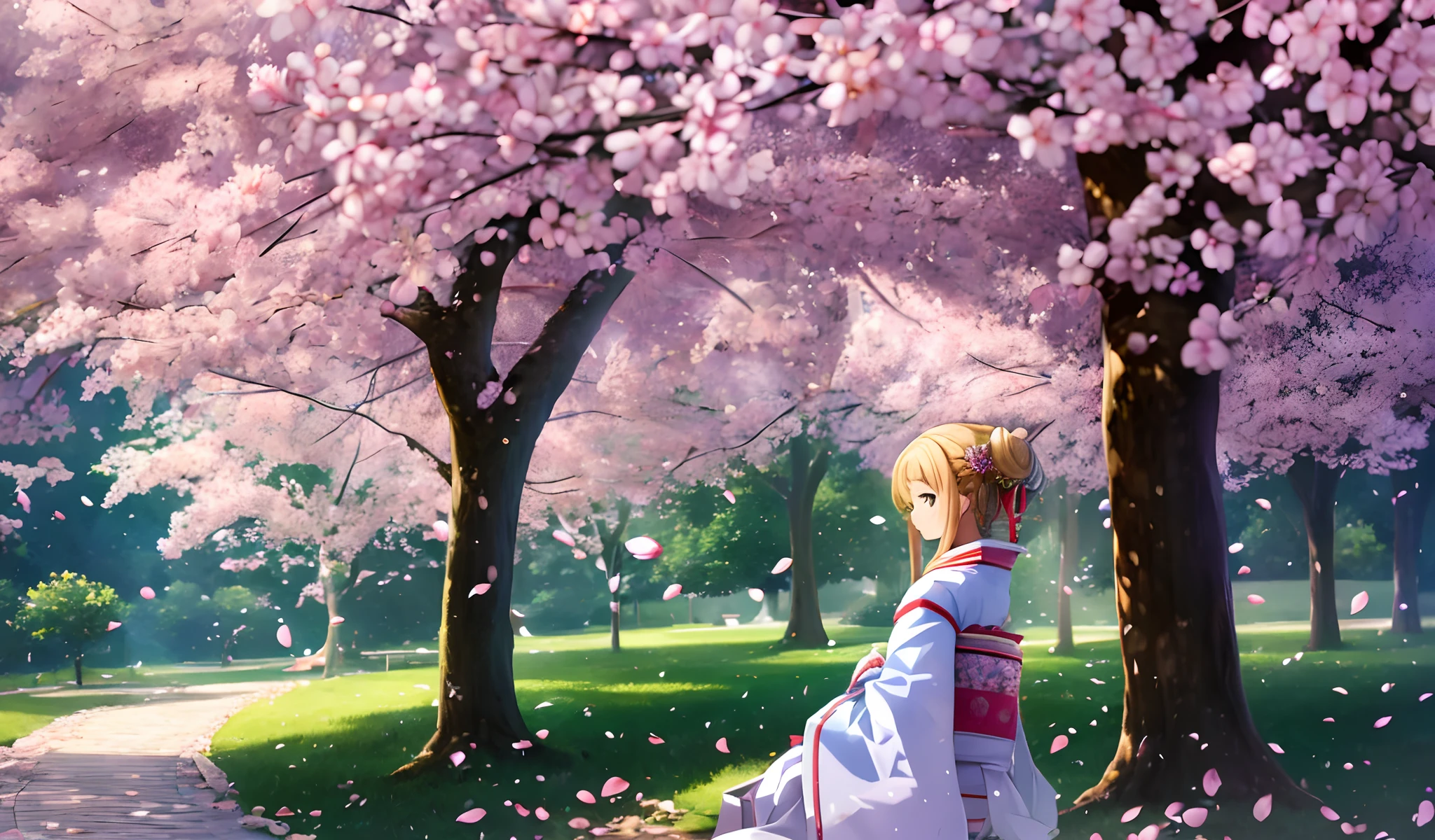 A young girl, standing in a park on a sunny day. She is dressed in a beautiful, traditional Japanese kimono, the colors of which are vibrant against the green grass and blue sky. Her hair is pulled back into a neat bun, adorned with a bright red ribbon. She stands with her hands clasped in front of her, gazing up at a cherry blossom tree in full bloom. The petals of the tree surround her, falling softly like snowflakes, creating a magical atmosphere. The girl appears to be lost in thought, a small smile playing on her lips as she takes in the beauty around her. In the background, the park benches are empty, and the sound of birds chirping is the only noise that fills the air. Today is a special day for this young girl, and she is taking in every moment of it. --auto --s2