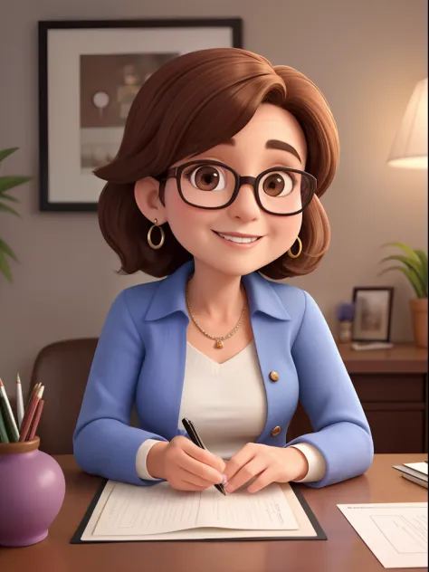 50-year-old woman, with short brown hair,,,,, Round face, Round face and charming smile, and brown eyes, Wearing glasses, small ...