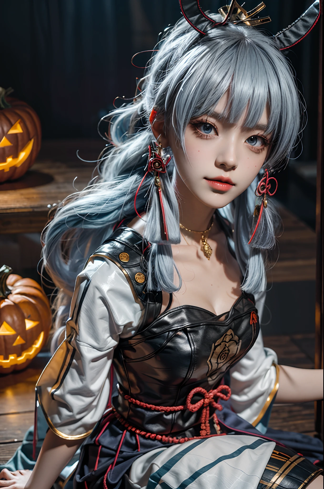 A girl,cosplaying Ayaka from the game Genshin impact, with a Halloween background, sitting,full body, pumpkin lantern, highest quality (best quality, masterpiece:1.1) and has a realistic appearance (realistic:1.4),pale white-blue hair,The focus is on the detailed depiction of the girl's face, specifically her beautiful eyes, detailed lips, and long eyelashes. The girl is dressed in a cosplay costume of the character Ayaka from Genshin impact, and the scene is set against a Halloween-themed background. The colors of the portrait are vibrant and vivid. The lighting is well-balanced, highlighting the girl's features and creating a visually appealing atmosphere,UHD, masterpiece, super detail, high quality, best quality, highres, 4K, 8k, anatomically correct, super detail