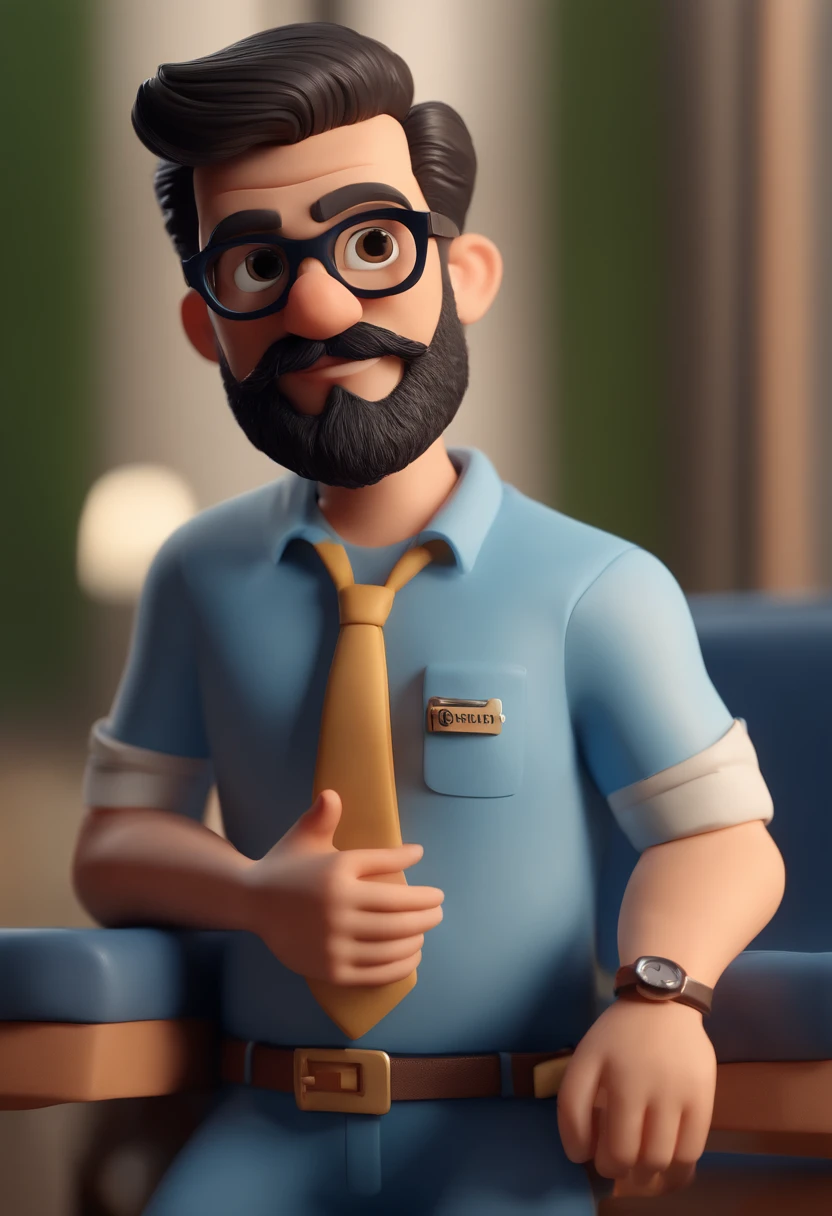 Cartoon character of a man wearing black glasses and a blue shirt, um personagem animado, Caractere estilizado, animation style rendering, 3D estilizado, Arnold Maya render, 3 d render stylized, toon render keyshot, Personagem 3D, Personagem 3D, 3d rendering stylized, 3 d character render, personagem de desenho animado, Personagem de close up, Pose de personagem, (Estilo Pixar) (master part:1.2) (Bokeh) (best quality) (pele detalhada) (textura detalhada) (8k) (argila) (Cinematic lighting) (foco nítido，Sits and empties upper body in an ENT doctor's office with a beard and mustache