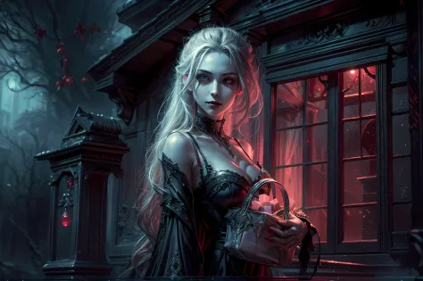 icture of vampire standing in the front of her home holding a (candy bag: 1.2), an exquisite beautiful female vampire in her fro...