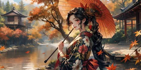 umbrella, oriental_umbrella, japanese_clothes, kimono, autumn_leaves, holding_umbrella, 1girl, red_eyes, maple_leaf, sash, tree,...