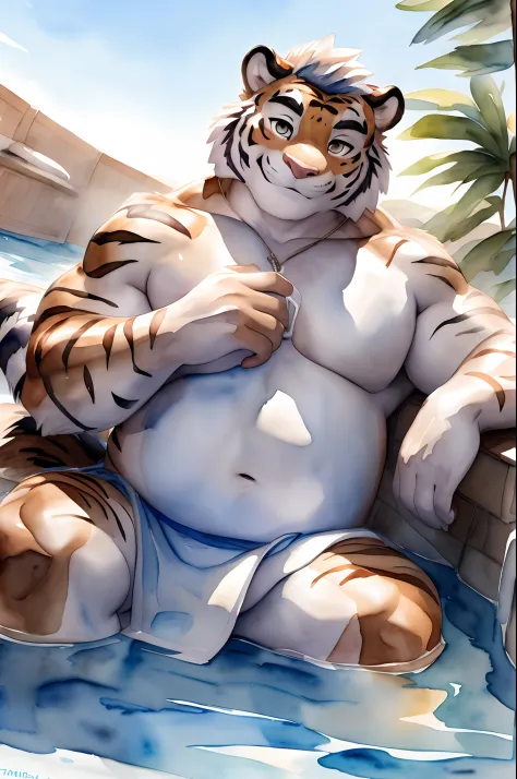 Hominidae, Pose for Camera. 4K, high resolution, Best quality, posted on e621, (Solo:1.2), Anthropomorphic tiger, male people, 20yr old, Thick eyebrows, Light blue stripes, Fat body, large pecs, ((Naked)), A white bath towel is wrapped around the body from...