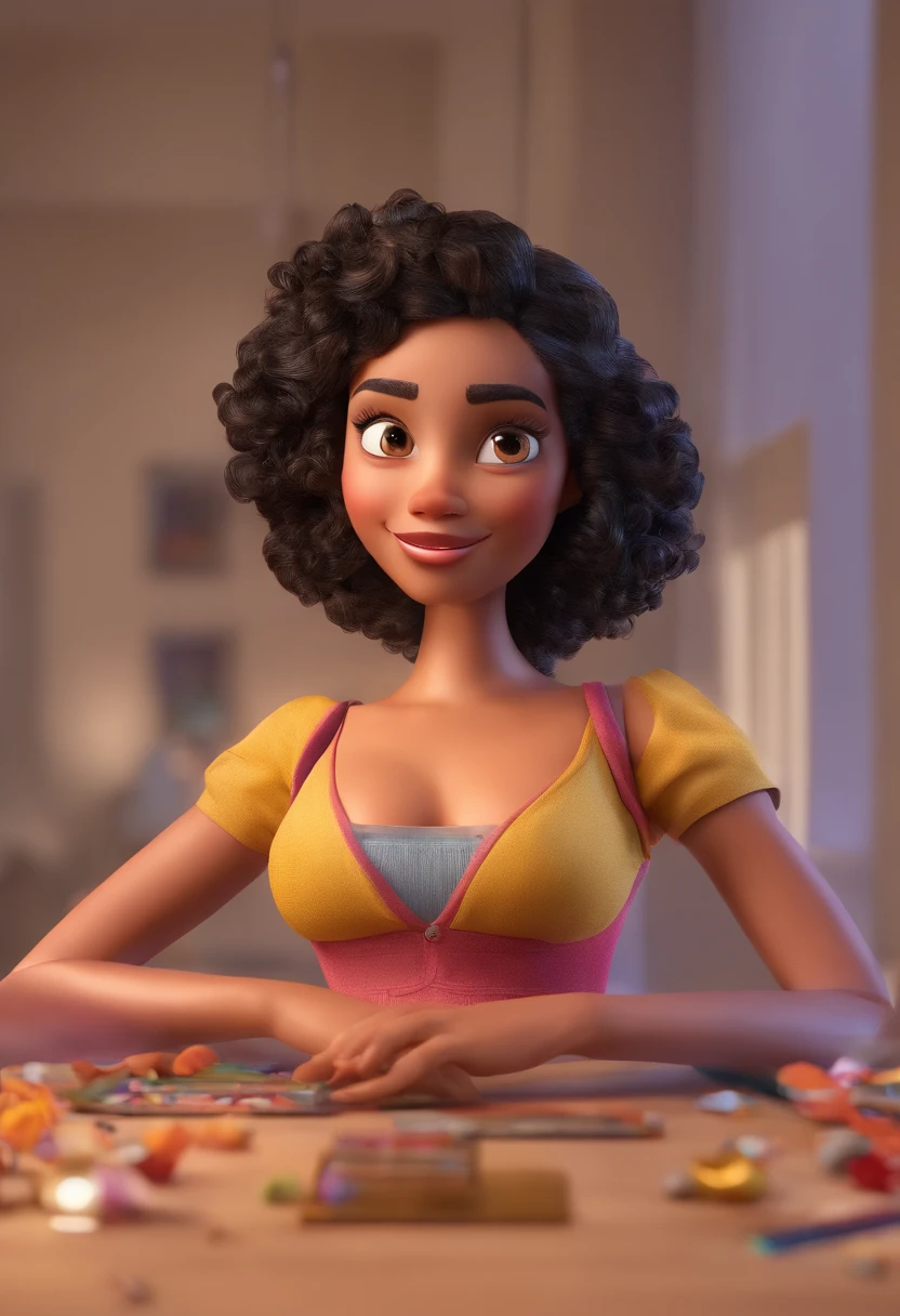 An illustration of an adorable woman, destacando uma mulher bonita pele oscura, Expressive eyes – the woman's skin is black and the woman's hair is large and curly. Desenvolva esta arte em Full HD, Focus on your cinematic touch, Estilo Disney Pixar Animations