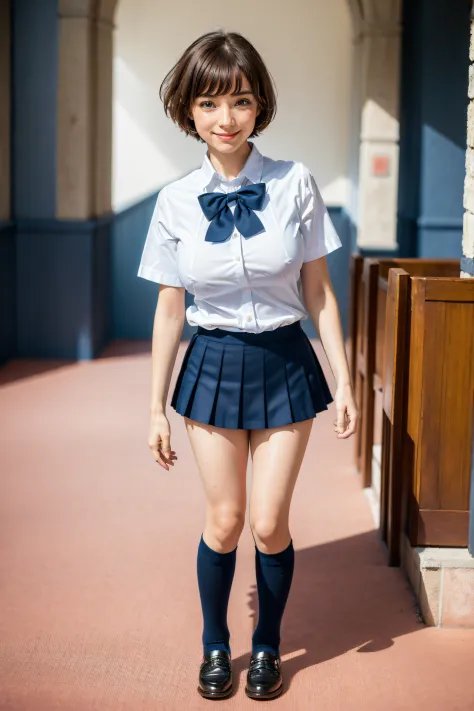 (8k, RAW photo, best quality, masterpiece, realistic, detailed face, detailed skin, warm color temperature, 1girl, solo:1.2), beautiful Japanese (skinny:1.3) girl, (opll:1.2), (short stature, height 148cm, petite:1.2), (short hair:1.3), forehead, brown hai...