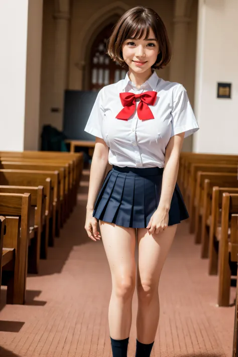 (8k, RAW photo, best quality, masterpiece, realistic, detailed face, detailed skin, warm color temperature, 1girl, solo:1.2), beautiful Japanese (skinny:1.3) girl, (opll:1.2), (short stature, height 148cm, petite:1.2), (short hair:1.3), forehead, brown hai...