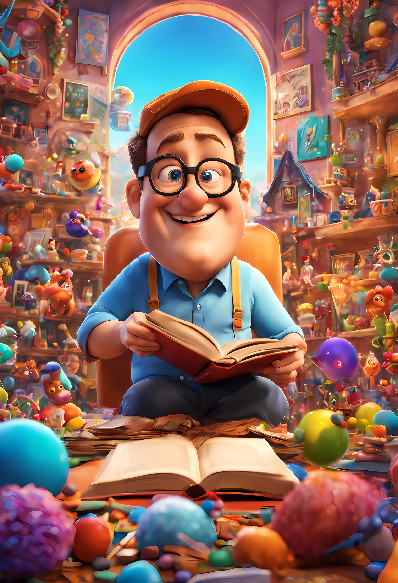 (bright and vibrant colors), (highres), (realistic:1.37), Disney Pixar Movie poster, Kevin James, skinny, no muscle, 55 years old man, (beautiful detailed eyes:1.1), (beautiful detailed lips:1.1), smiling with a warm expression, (charming appearance:1.1), (professional lighting), (ultra-fine rendering), upper body shot, (expressive facial features:1.1), reading a book, (studying intently:1.1), surrounded by magical elements representing different Pixar movies, (dynamic composition), (whimsical details), (playful characters), vibrant background, filled with color and joy, (3D render), (fantastical art style), (nostalgic aesthetic), (attention to detail:1.1).